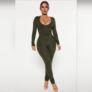 Fasion Nova deep v-neck olive green lined skinny bodycon jumpsuit